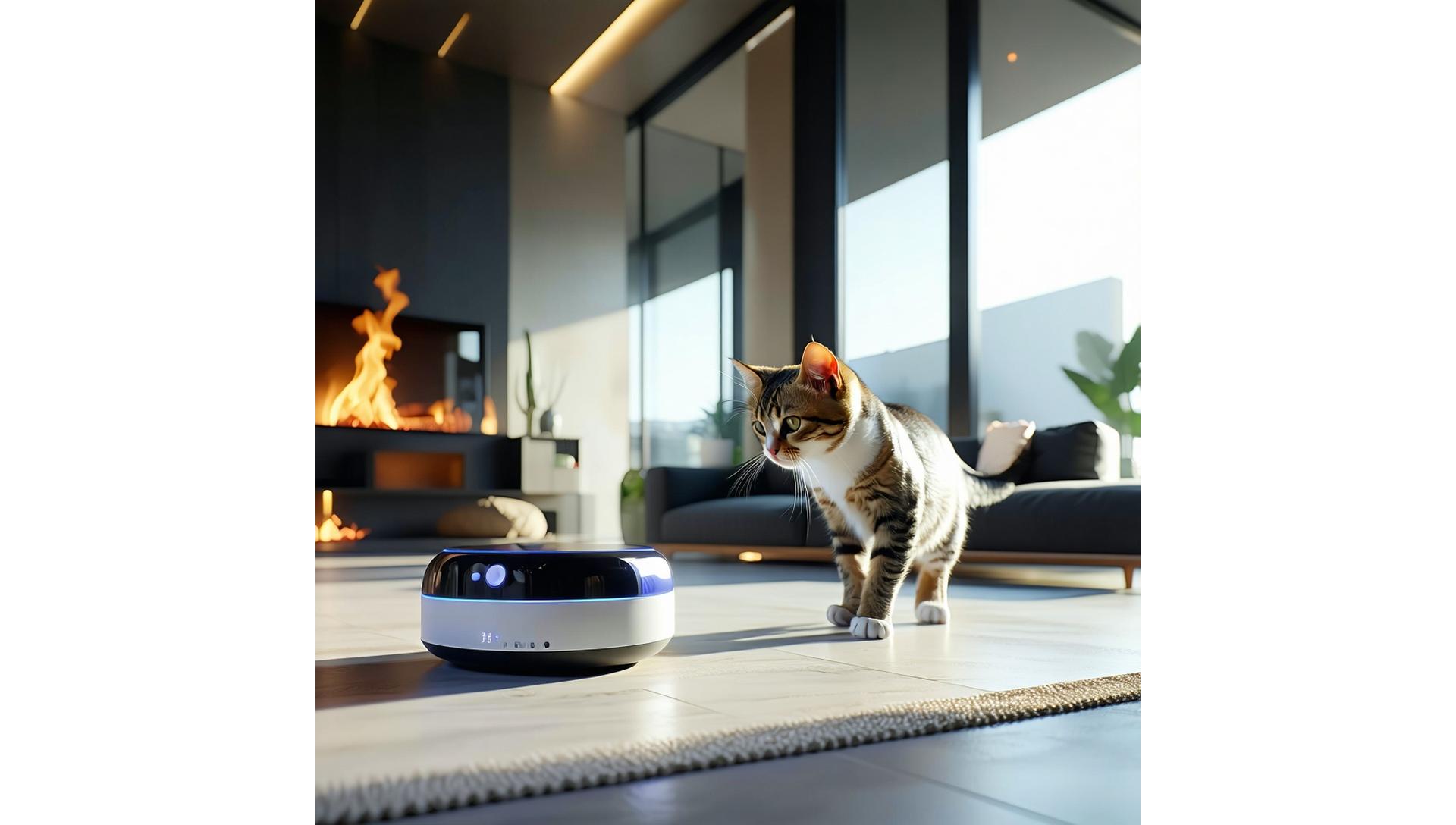 Sleek smart pet device with a cat silhouette in a modern home.