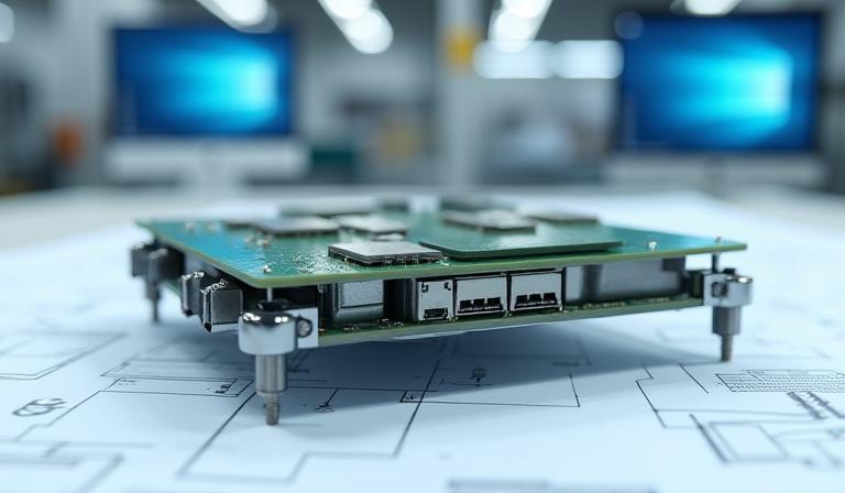 Close-up of a sophisticated IoT device prototype with design blueprints.